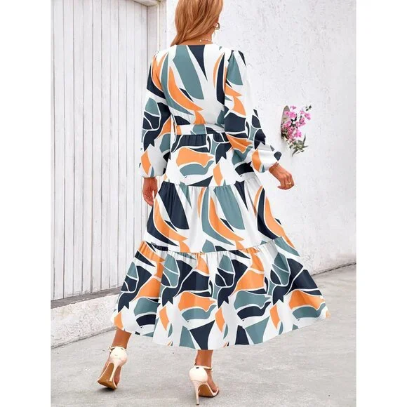 PrettyGarden Women Navy Geometry Polyester V Neck Long Sleeve Floral Maxi Dress - Picture 5 of 5